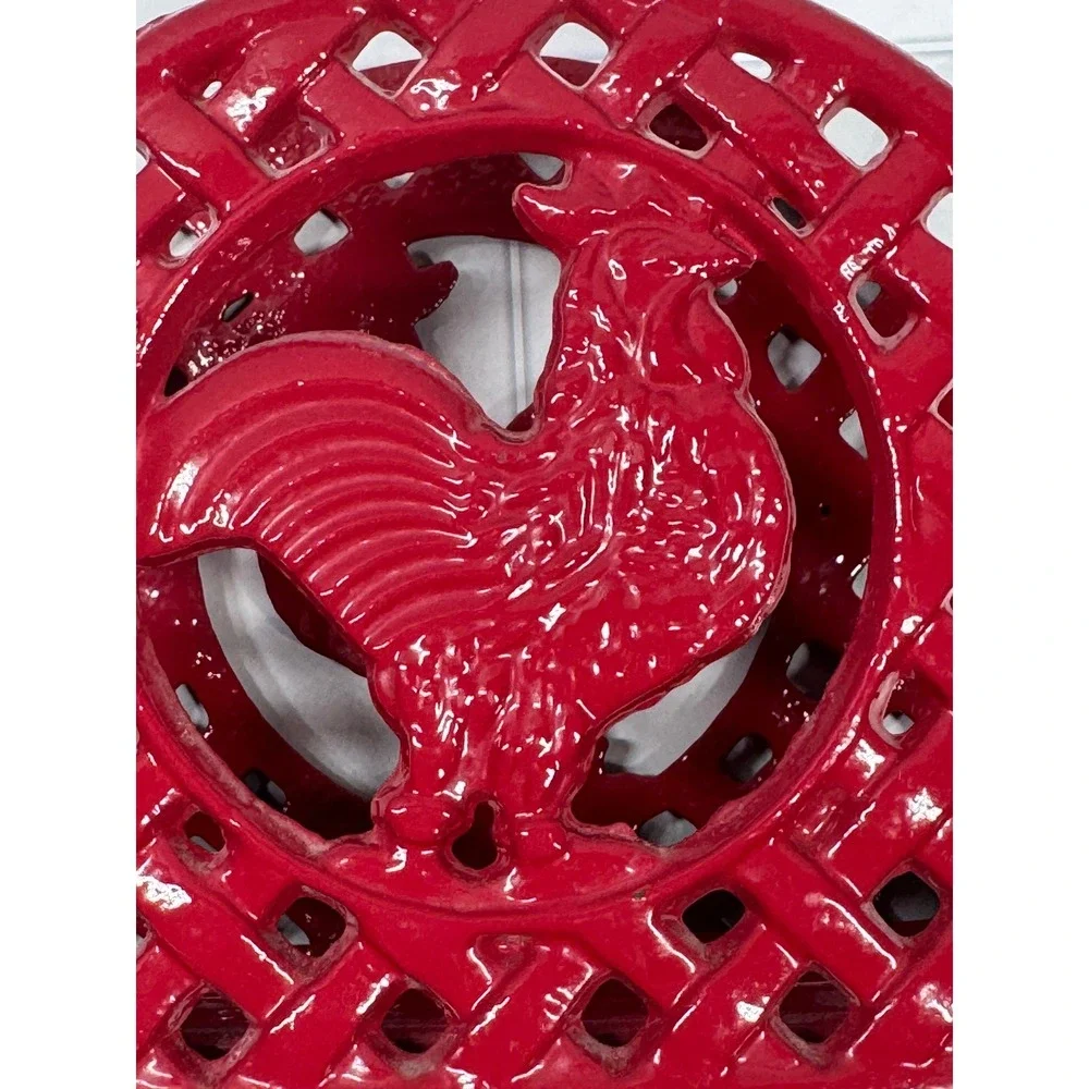 Vintage Red Cast Iron Rooster Napkin Holder Farmhouse Lattice Basketweave Red